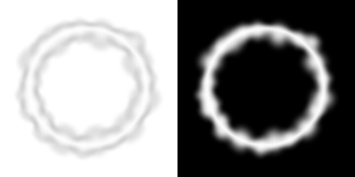 Creative white smoke cloud circle frame design element on a dark black background for copy space