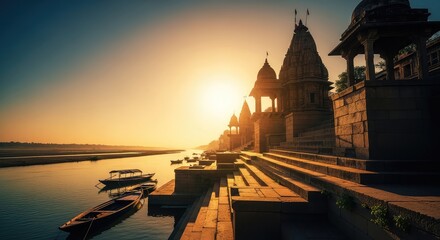 Fototapeta premium Golden sunlight illuminates a series of ancient stone temples and historic steps along a wide river as wooden boats float on the water, river, brick, landmark