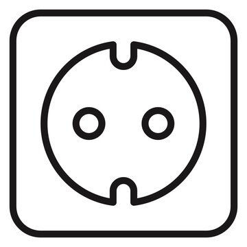 Minimalist black line vector icon illustration of a European electrical power socket or wall outlet, Schuko type plug connector symbol for electricity, energy, and home appliances, isolated.