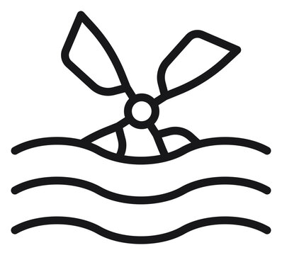 Black line vector icon illustration of a tidal energy turbine submerged in ocean waves, representing renewable water power, sustainable energy sources, and clean technology symbol.