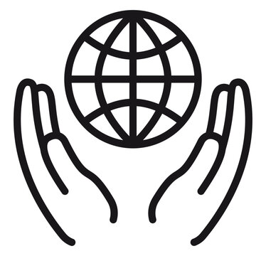 Black vector icon of two hands cupping a globe, symbolizing global care, environmental protection, world peace, and international cooperation. Minimalist line art illustration for web and print.