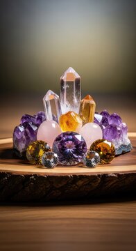 Funkelnde Edelsteine und Amethyst-Kristalle liegen harmonisch arrangiert auf Naturholz f&uuml;r spirituelle Meditation und energetische Balance, Wellness, Gl&uuml;cksbringer, Magie