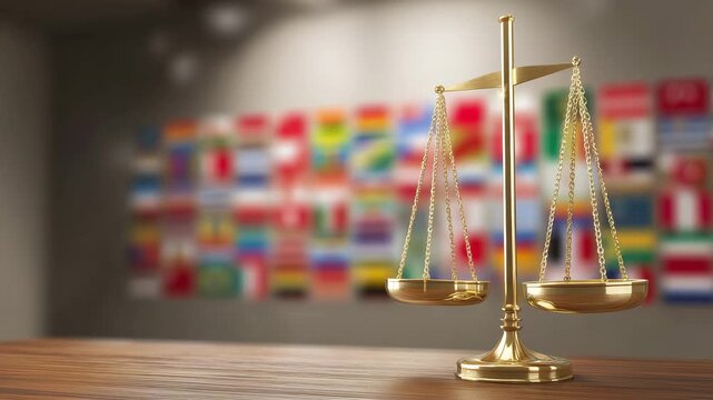 Golden Scales of Justice with International Flags Background