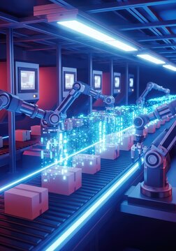 High-tech automated distribution center featuring robotic arms, smart sorting systems, and glowing digital data streams for efficient storage, production, cargo, iot