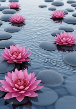 Serene zen garden with flowing water moving past vibrant pink lotus flowers over smooth pebbles, creating a peaceful meditation landscape, relaxation, background, stillness