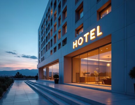 Modern hotel building exterior at dusk with illuminated HOTEL sign. Contemporary design welcomes guests with glass entrance and warm interior light. Mountain landscape backdrop.
