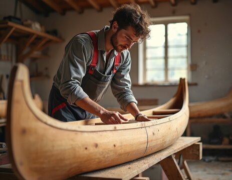 Young man builds wooden canoe in his workshop. Carpenter works on boat structure with hands. He measures wood plank for watercraft construction. Skilled craftsman carves timber for vessel.