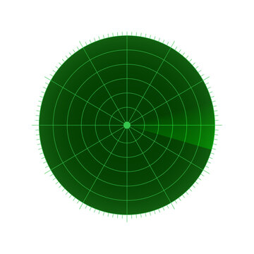 Round green sonar radar screen display with grid lines and scanning sweep beam for navigation or tracking