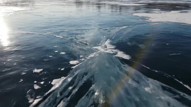 High angle view of a frozen river surface featuring white cracked patterns and frost lines across deep blue ice, showing natural winter textures and sunlight reflections on the water.