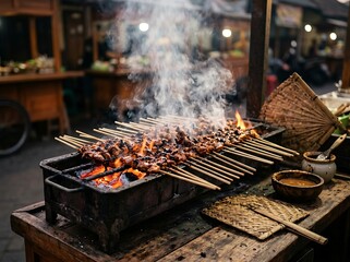 Fototapeta premium Sizzling skewers of marinated meat grilling over fiery charcoal with plumes of smoke, creating an enticing aroma at a bustling outdoor night food stall, capturing a delicious culinary moment