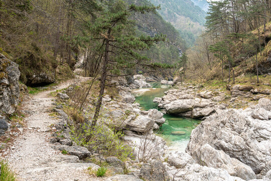 Emerald Pools (Pozze Smeraldine) of Meduna River in Tramonti di Sopra, Pordenone, Italy.