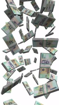Vertical Vietnam Money, Falling Vietnamese Dong Bills, Asian Business Wealth Cash Stacks, 4K