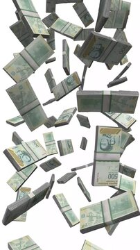 Vertical Venezuela Money, Falling Venezuelan Bolivar Bills, Simon Bolivar Cash Stacks, 4K