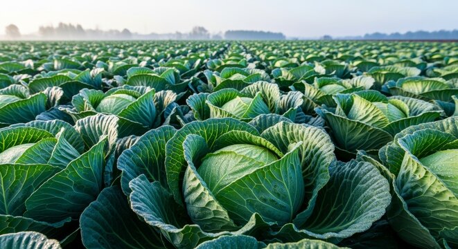 Lush green cabbage field under the soft morning light