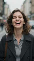 Fototapeta premium A young woman stands in the street smiling and laughing. She wears casual clothes and looks cheerful. People can be seen walking by in the background on a busy city street Generative AI