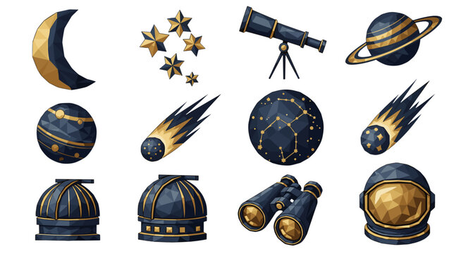 Collection of space objects including planets stars and telescope
