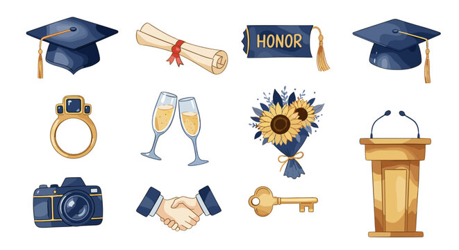 Collection of graduation and achievement symbols with diploma and awards