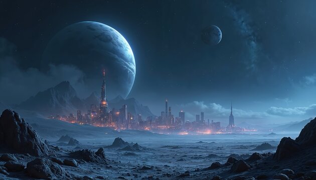 Futuristic city skyline on alien moonscape with large planet in night sky. Distant structures lit, rocky terrain. Space exploration, extraterrestrial civilization concept.