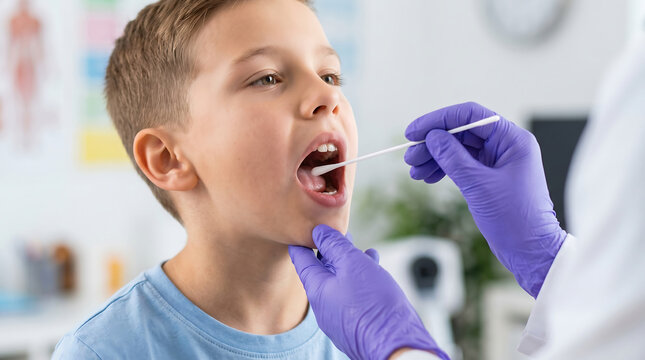 healthcare professional performing a throat swab test on a young boy in a medical clinic for strep throat or virus diagnosis using a cotton swab and purple gloves