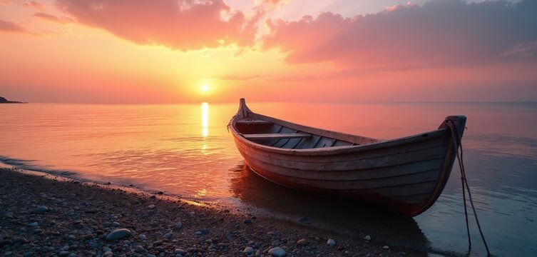Wooden boat sits on pebbly beach during sunset. Calm ocean water reflects warm sky colors. Shoreline pebbles touch gentle waves. Peaceful seascape scene.