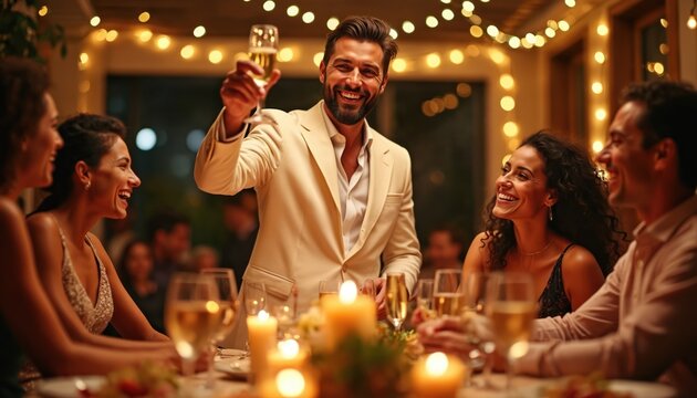 Man in suit proposes toast with champagne at elegant party. Friends smile, laugh, enjoy celebration with candles and bokeh lights. Festive gathering, happy faces.