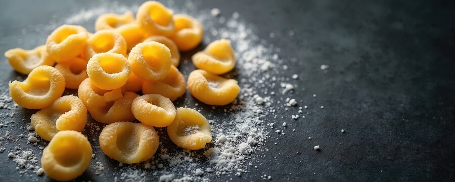 Raw tortiglioni pasta scattered on dark textured background with flour. Rustic cooking atmosphere, space for text. Orecchiette shape noodle ingredient for italian cuisine.