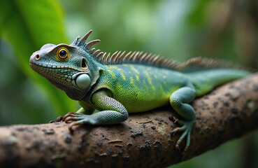 Fototapeta premium Green lizard with spiky crest rests on tree branch. Reptile has yellow eye and scaly skin. Wildlife in tropical jungle habitat background. Small dragon creature looks alert.