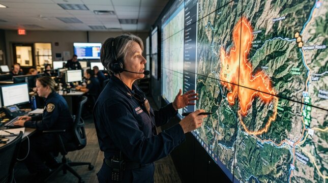 Medium shot of a director monitoring wildfire surge spread on large digital maps coordinating firefighting efforts from the response center.