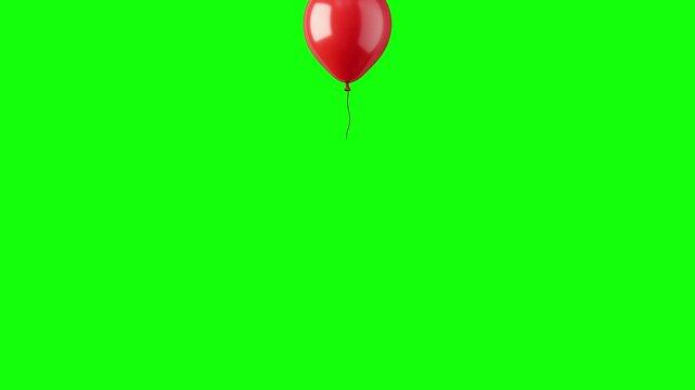 Single red glossy balloon floating upwards on green screen background, 3D animation chroma key loop