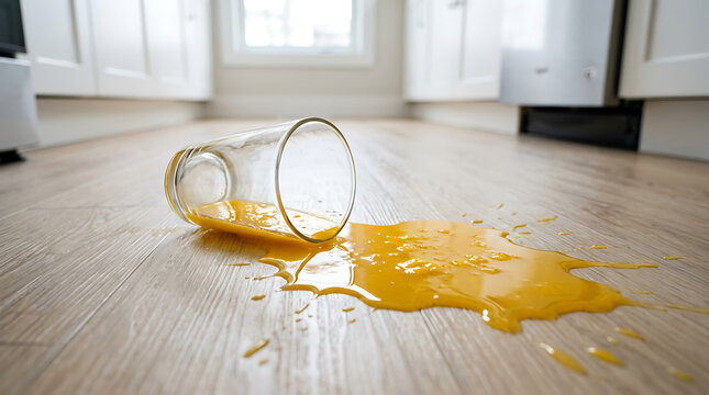 spilled orange juice on modern kitchen floor with glass cup tipped over on light wood laminate surface with bright morning light and blurred white cabinets in background