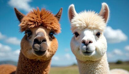 Fototapeta premium Two cute alpacas, one brown one white, look forward. They have fluffy fur and stand on a green field under blue sky with clouds. Their heads fill the frame in close up.
