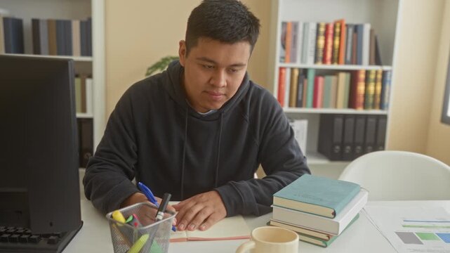 Man writing with pen at desk in a building library, smiling while taking notes on paper and referencing stacked books; concentration learning.