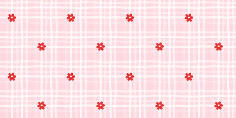 Flower plaid and seamless cute gingham check pattern for spring. Pastel daisy themes versatile fabric design. Girly stripe and coquette illustration style perfect for summertime. © alia.kurianova