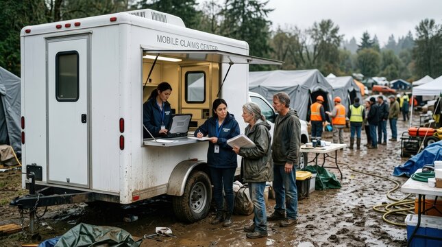 Medium shot of a catastrophe response mobile unit with insurance agents assisting flood victims amid blurred emergency tents and muddy surroundings