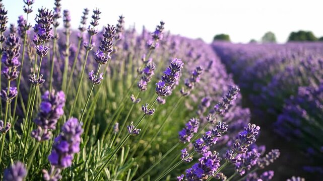 Detailed close-up view of blooming purple lavender stalks in the foreground with parallel rows of flowering plants stretching into the distance of a sunlit agricultural farm.