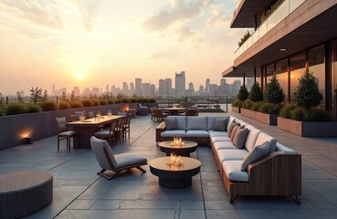 Obraz premium Rooftop terrace with modern lounge furniture and city skyline at sunset. Outdoor seating area features dining table sectional sofa and coffee tables ideal for relaxation and events.