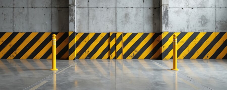 Industrial interior with yellow and black hazard stripes on wall. Concrete walls floor and yellow safety bollards are visible. Warning signs indicate caution.