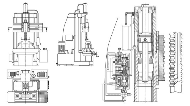 Broaching Machine Industrial Equipment Technical Drawing Blueprint, Front Side Top and Internal Cross-Sectional Views Line Art Vector