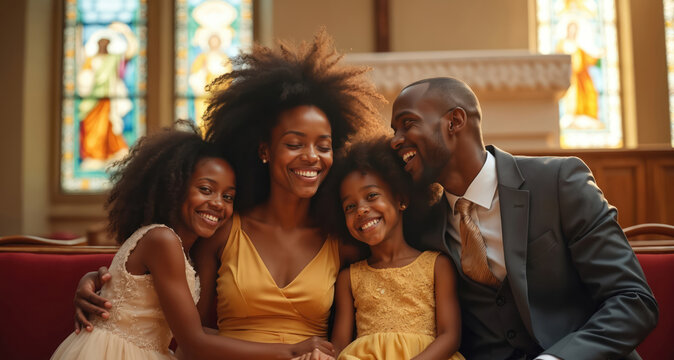 Black family sits together in church pew, smiling warmly. Parents hug daughters, faith and love are evident. Sunlit interior features stained glass windows, creating a peaceful, spiritual atmosphere.