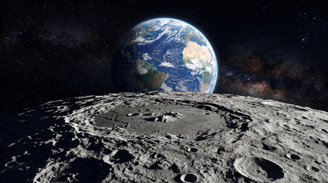 Planeta Terra e Lua no espa&ccedil;o com arte digital gerada por intelig&ecirc;ncia artificial