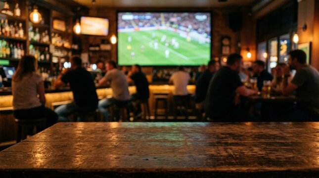 Empty rustic wooden table surface with blurred people watching a football game in a dark, cozy pub or bar interior.