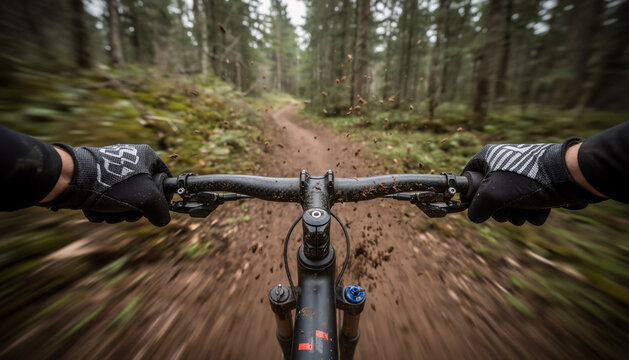 First person perspective pov view of a mountain bike rider hands on handlebars riding fast on a narrow dirt forest trail with speed motion blur for outdoor adventure and sport themes