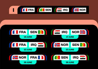 Football 2026 Tournament Match Fixtures Displaying Qualification Group Stage Team Flags with Modern Stylized Layout © lunarts_studio