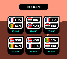 Football 2026 Tournament Group I Fixtures Schedule Presenting Dynamic Matches for France, Senegal, Norway, Iraq in Stylized Vector. © lunarts_studio