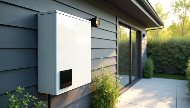 Modern home battery unit stores clean energy from solar panels. This compact wall-mounted device ensures reliable electricity backup for sustainable living. It is installed outside on house siding.