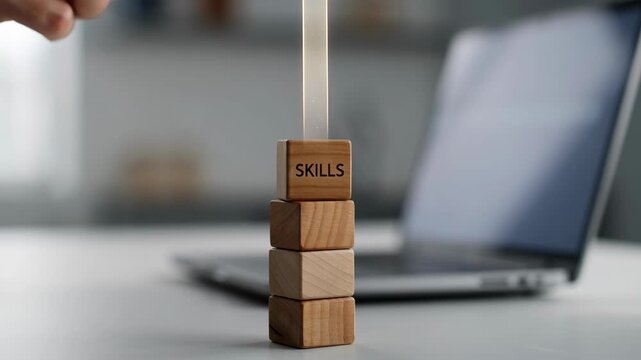 Hand stacking wooden blocks with 'SKILLS' written on it in front of a laptop. A conceptual shot symbolizing growth. Career development, business strategy, professional skill.