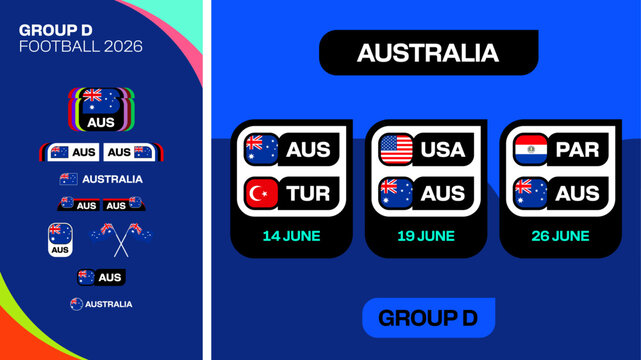 Football 2026 Group D Match Schedule Vector Template for International Tournament Announcement in Modern Stylized Design.