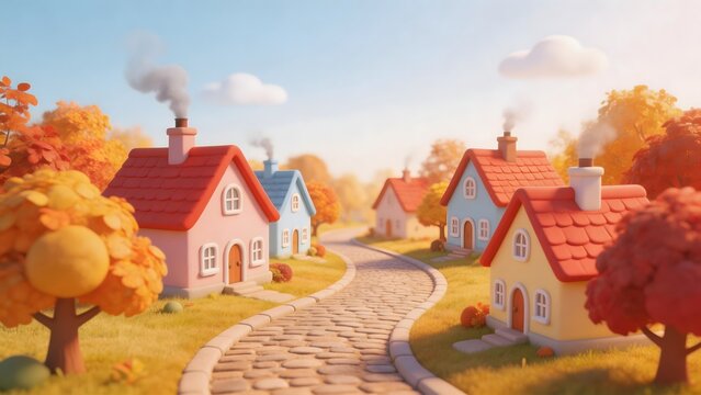 Colorful cartoon village with cobblestone path