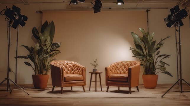 Minimal studio set designed for interviews or talk shows, with two leather armchairs, large potted plants, and overhead spotlights. Professional podcast or broadcast background staged for television.