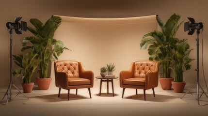 Fototapeta premium Minimal studio set designed for interviews or talk shows, with two leather armchairs, large potted plants, and overhead spotlights. Professional podcast or broadcast background staged for television.